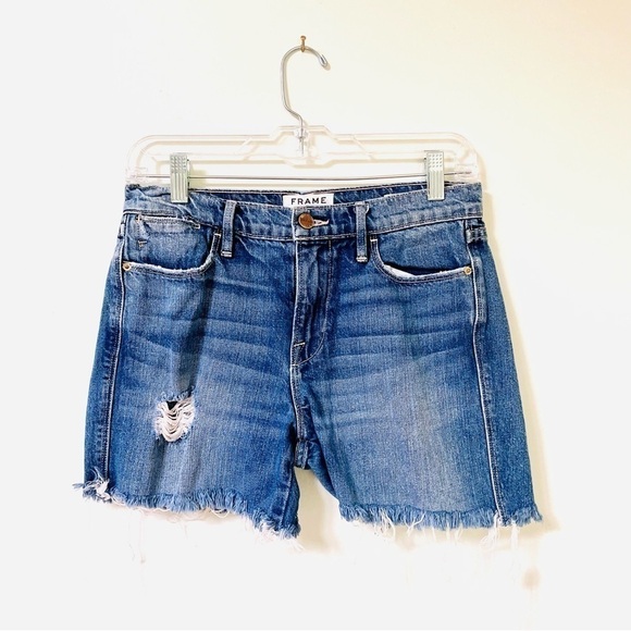 Frame Denim Shorts 27 Le High Straight Bestia Blue Distressed Frayed Stretch - Picture 1 of 5